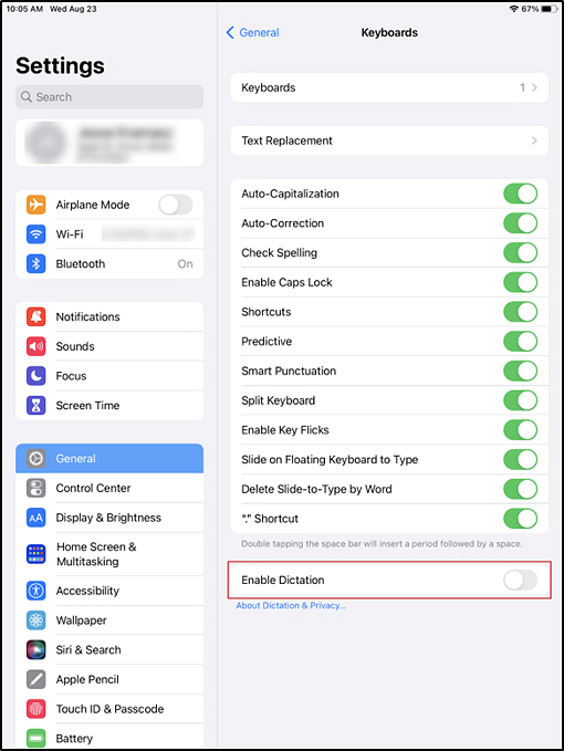 Keyboards panel in the iPadOS Settings interface with the Enable Dictation option indicated; tis option is toggled off.
