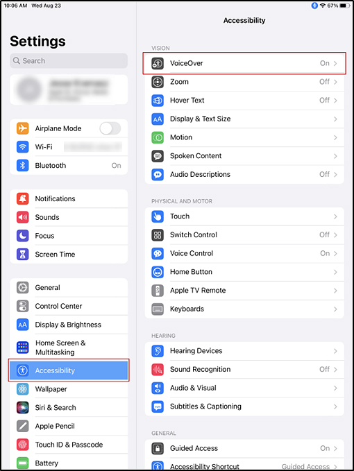 Accessibility panel in the iPadOS Settings interface with Accessibility button and VoiceOver option indicated.