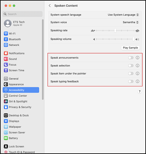 Spoken Content panel in System Settings interface with Speak announcements, Speak selection, Speak item under the pointer, and Speak typing feedback options indicated.