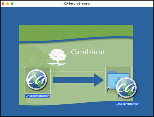 The contents of the CASecureBrowser folder with the CASecureBrowser being dragged to the letter-A folder