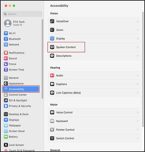 Accessibility section of System Settings interface with Accessibility option and Spoken Content indicated.