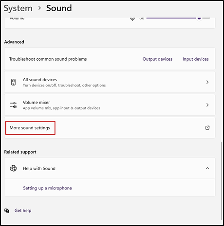 Sound Settings interface with the More sound settings link indicated.