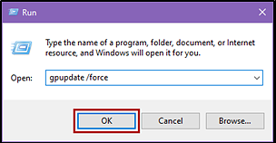 The Windows Run dialog box with gpudate /force entered in the Open field and the OK button indicated