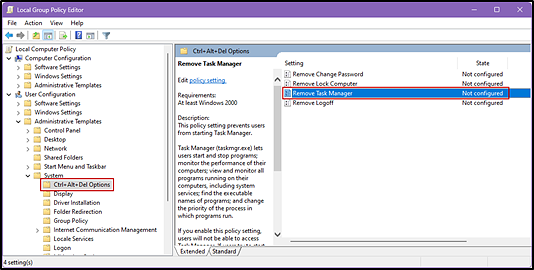 Local Policy Editor screen options with the Ctrl+Alt+Del Options setting and Remove Task Manager option indicated.