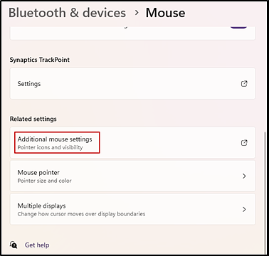 Mouse settings window with the Additional mouse settings link indicated.