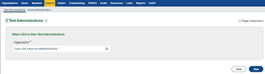 Select LEA to View Test Administrations section of the Test Administration screen.
