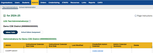 LEA Test Administration(s) screen with CAASPP administrations table.