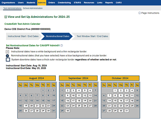 Noninstructional Dates Screen.