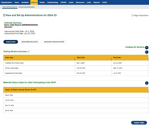 Administration calendar summary for the Initial ELPAC.