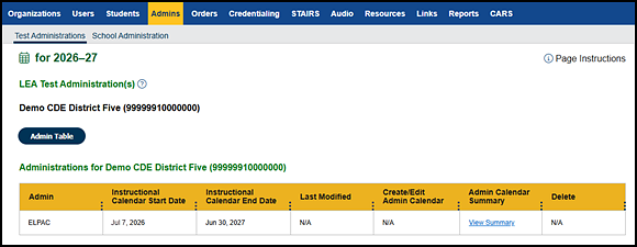 LEA Test Administration(s) screen with ELPAC administrations table.