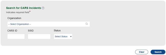 Search for CARS Incidents screen with search and clear buttons.