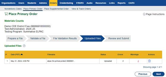 Uploaded Files progress step.