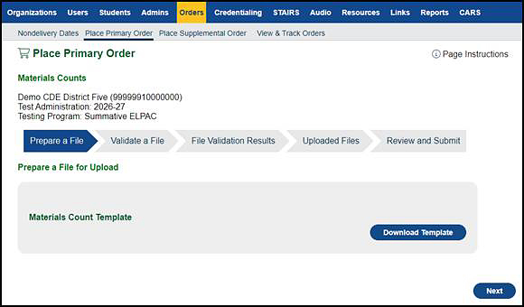 Prepare a File progress step on the Place Primary Order screen.