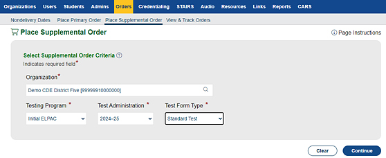 Select Supplemental Order Criteria section.