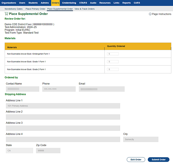 Place Supplemental Order screen.