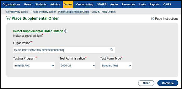 Select Supplemental Order Criteria section of the Place Supplemental Order screen.