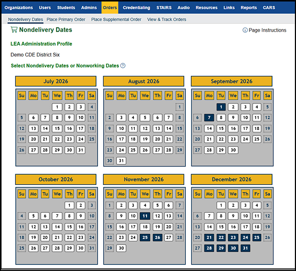 Nondelivery dates and nonworking dates on the Nondelivery Dates screen.