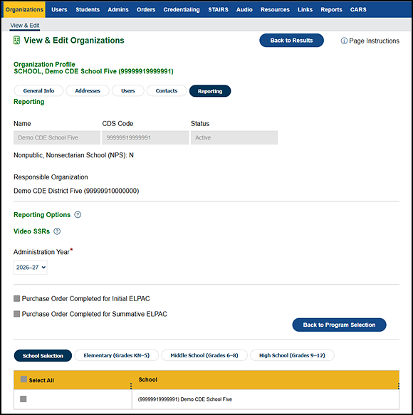 School Reporting tab.