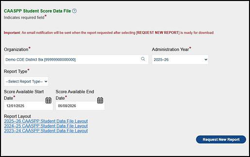 CAASPP Student Score Data File options.