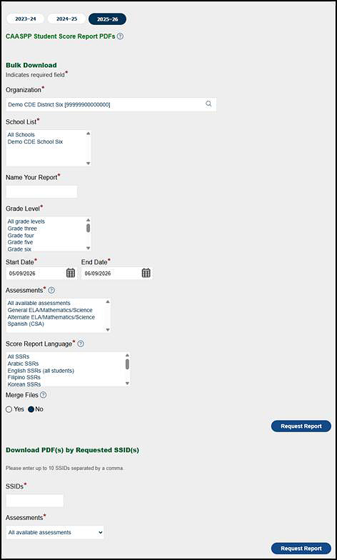 CAASPP Student Score Report PDFs options.