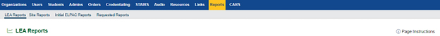 Reports navigation tab for an ELPAC LEA coordinator.