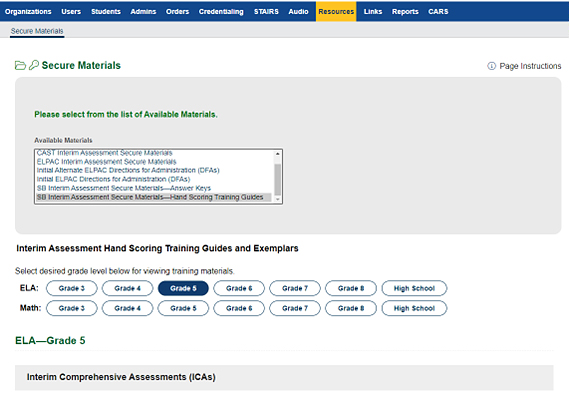 Interim Assessment Secure Materials—Hand Scoring Training Guides in the Secure Materials tab in TOMS.