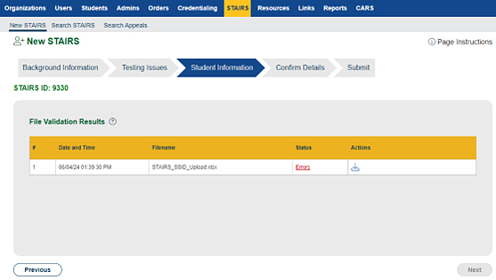 “File Validation Results” Section, Errors in File.