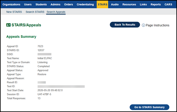 Appeals Summary screen.