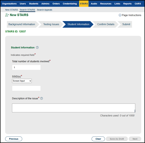Screen entry option of the Student Information progress step.