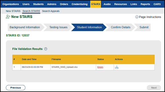 “File Validation Results” section, errors in file.