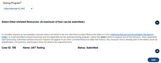 The ADD button to assign unlisted resources for the Initial Alternate ELPAC.