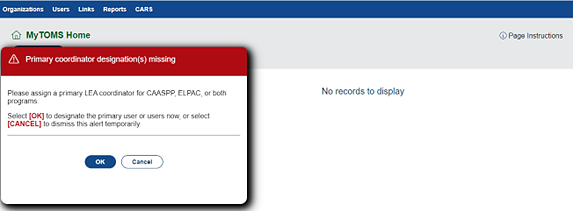 Primary Coordinator Designation Missing Alert as displayed for Superintendent on logon.